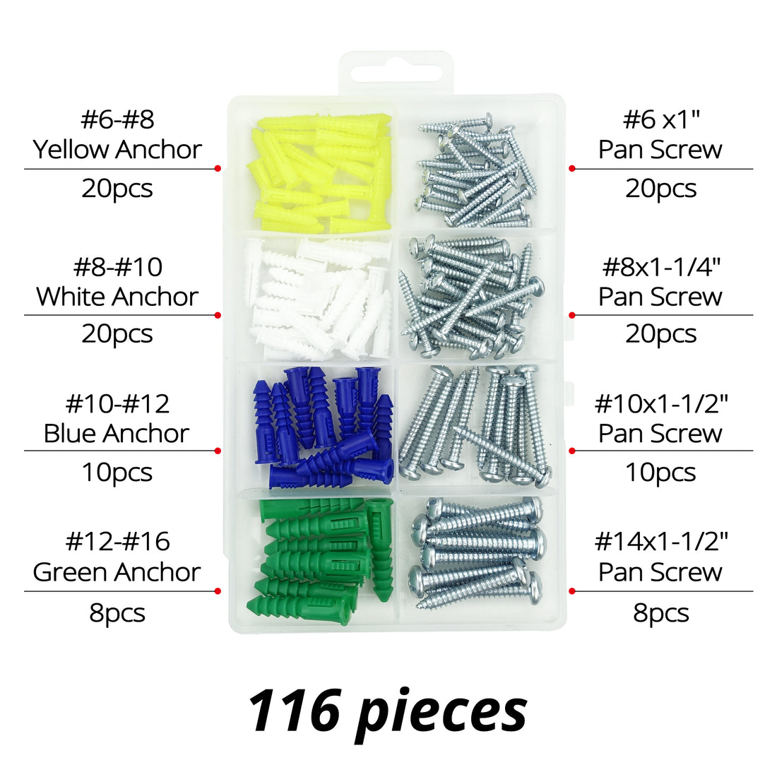 Plastic Drywall Wall Anchors Screw Assortment Kit 116PCS